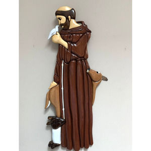 Intarsia Hand Crafted 3D Wood Carving Saint Francis Wallhanging Art 23 Inches